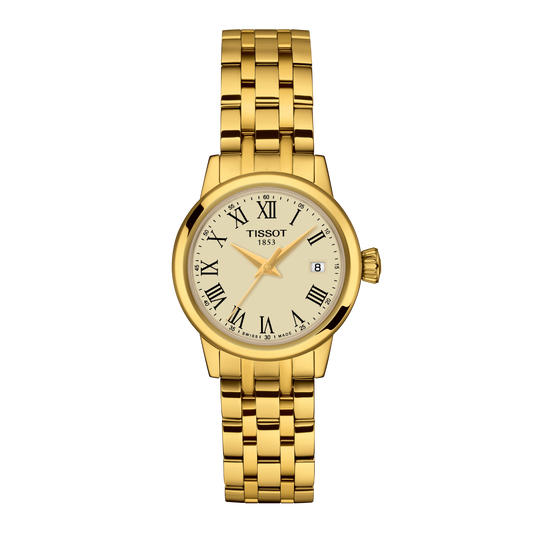 Tissot ladies’ gold-tone watch featuring a warm champagne dial with classic black Roman numerals, slim gold hands, and a fully polished gold-tone bracelet for a timeless, elegant look