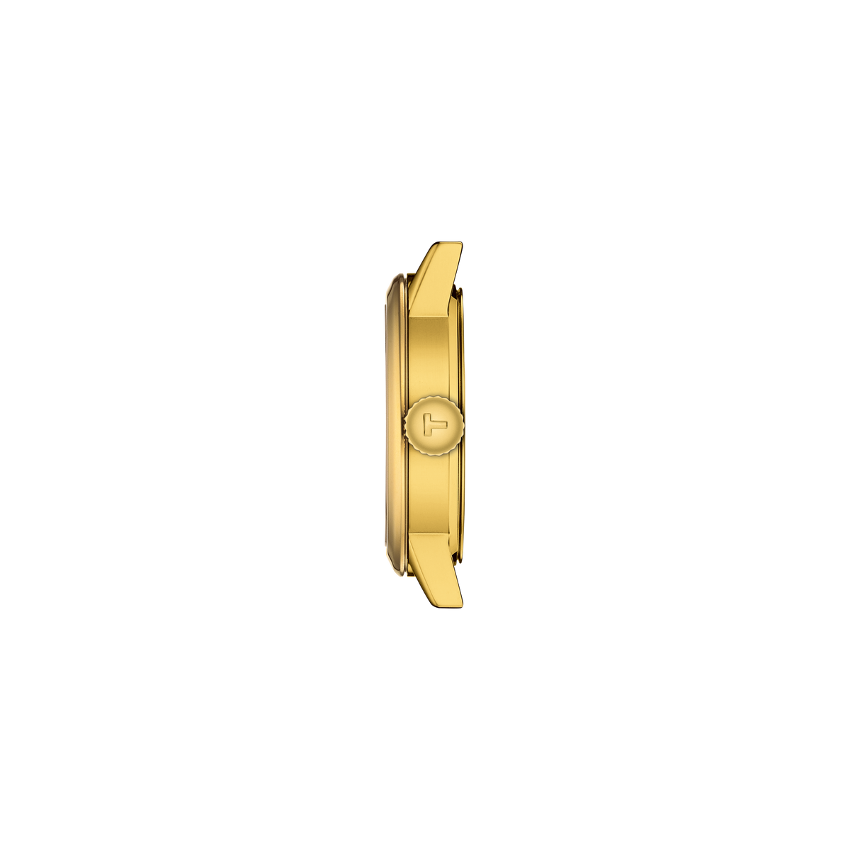 side profile showing the slim, polished gold-tone case and neatly shaped crown, emphasising its sleek and feminine silhouette