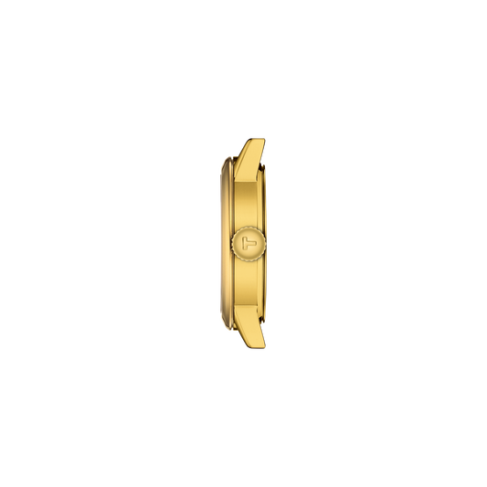 side profile showing the slim, polished gold-tone case and neatly shaped crown, emphasising its sleek and feminine silhouette