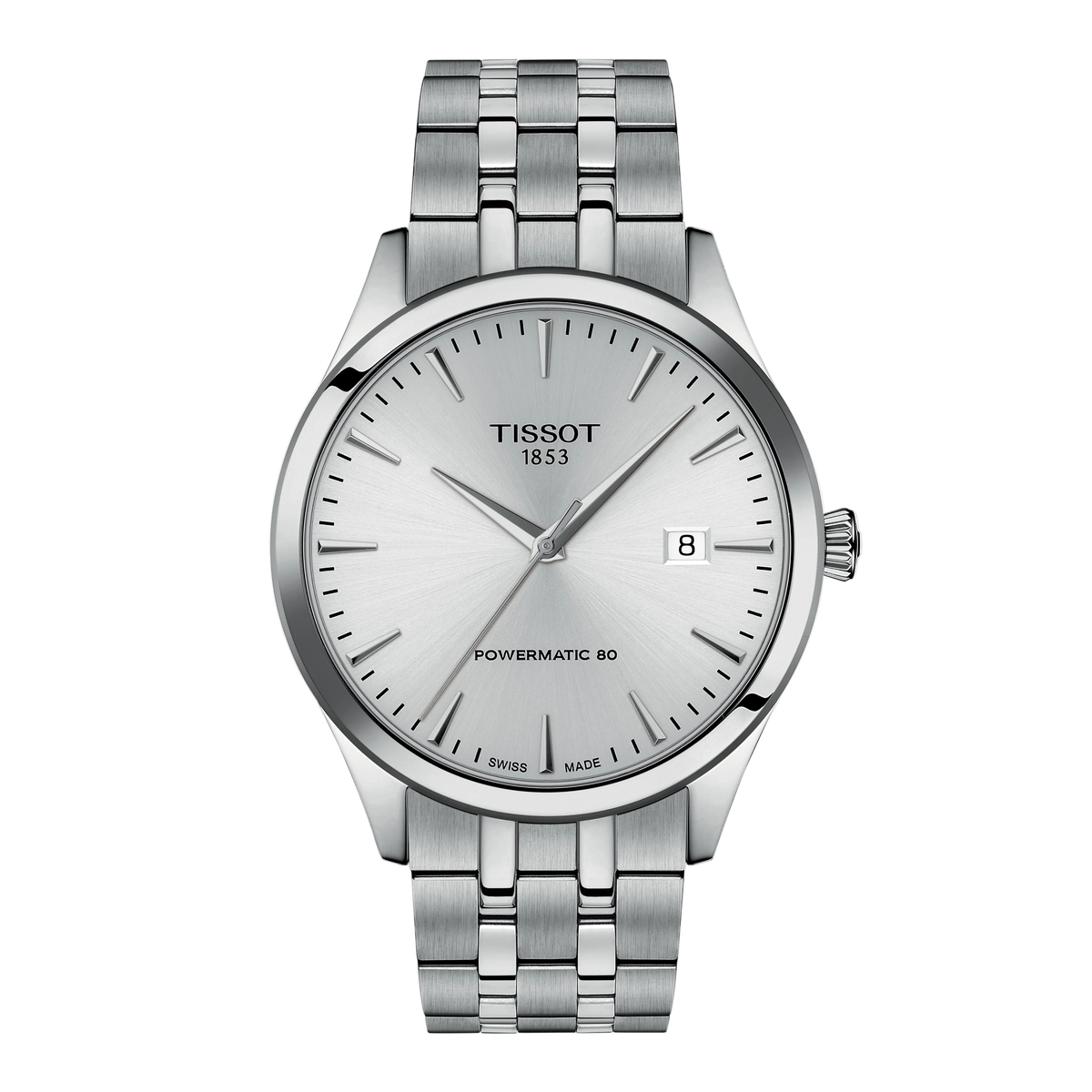 Tissot Powermatic 80 Silver Dial Watch with a minimalist brushed dial, slim silver-tone markers, and a stainless steel bracelet designed for timeless everyday sophistication