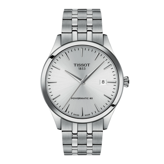 Tissot Powermatic 80 Silver Dial Watch with a minimalist brushed dial, slim silver-tone markers, and a stainless steel bracelet designed for timeless everyday sophistication