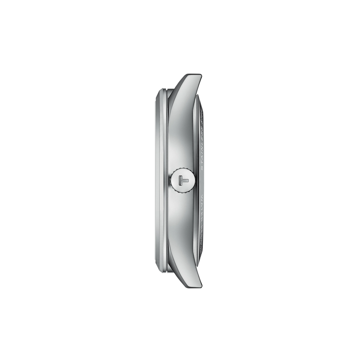 side profile of the stainless steel case highlighting the slim automatic construction, polished bezel detailing, and streamlined crown design for an elegant understated profile