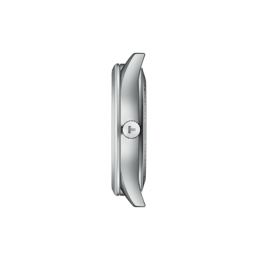 side profile of the stainless steel case highlighting the slim automatic construction, polished bezel detailing, and streamlined crown design for an elegant understated profile