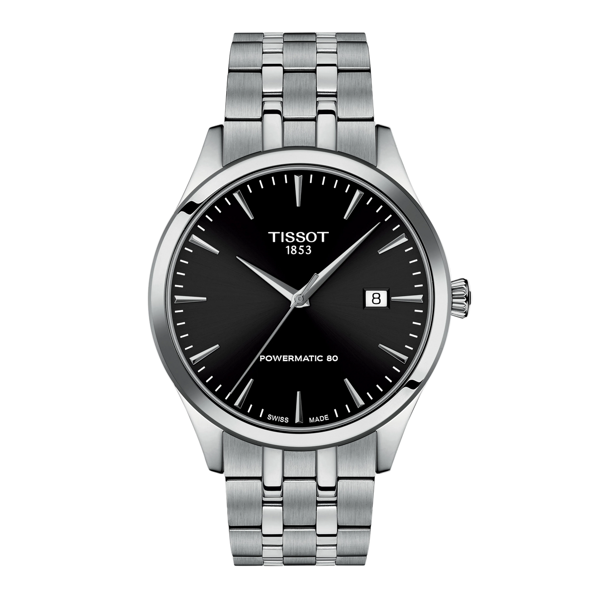 Tissot Powermatic 80 Black Dial Watch with a clean minimalist display, slim silver-tone markers, and a stainless steel bracelet designed for understated everyday elegance