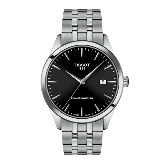 Tissot Powermatic 80 Black Dial Watch with a clean minimalist display, slim silver-tone markers, and a stainless steel bracelet designed for understated everyday elegance