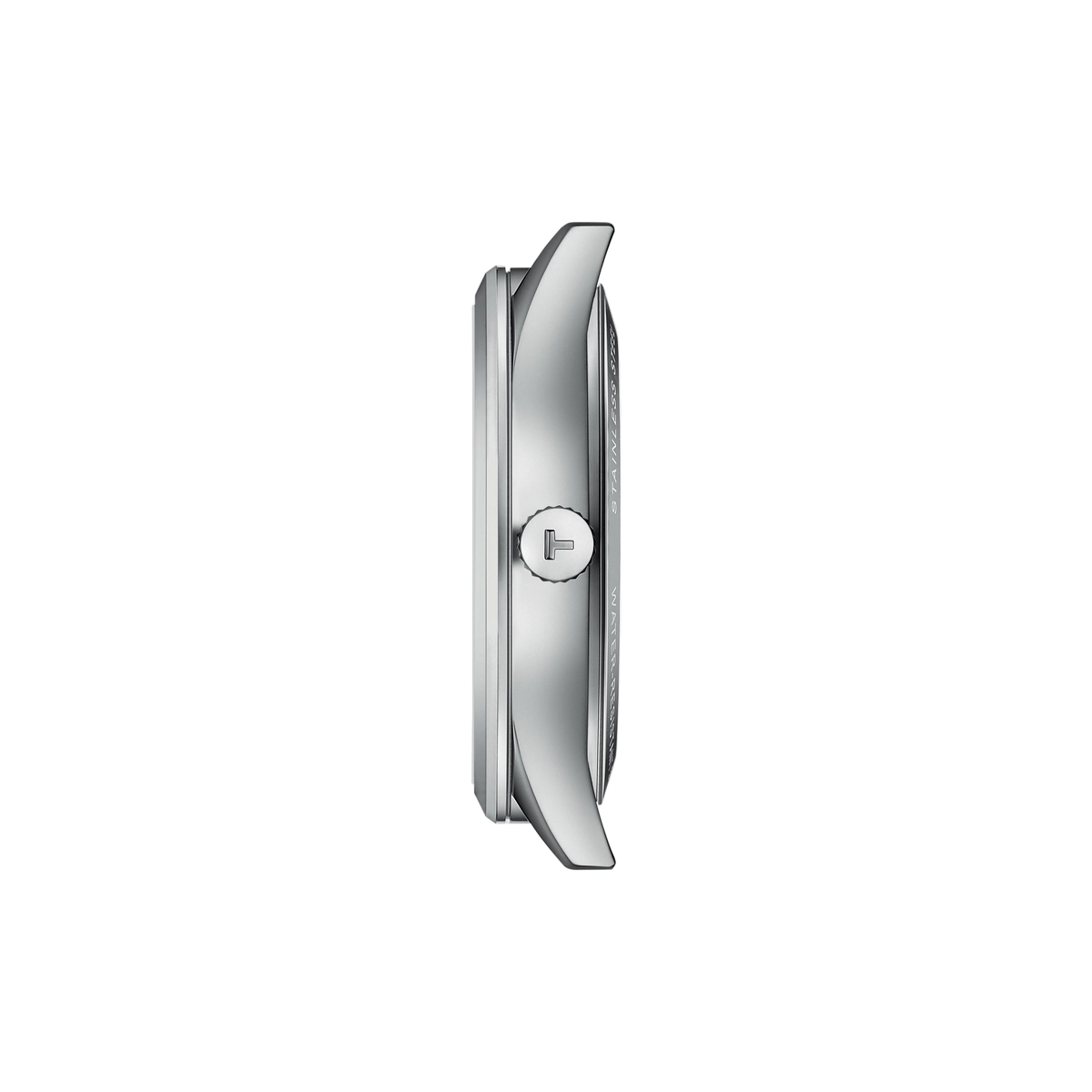 side profile of the stainless steel case highlighting the slim automatic construction, polished bezel detailing, and streamlined crown design for a refined silhouette