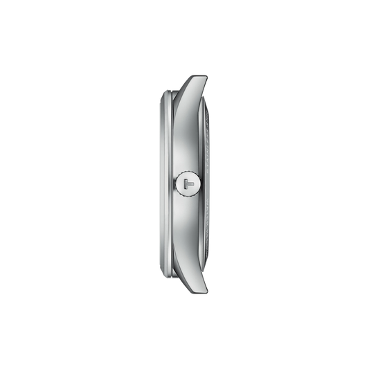 side profile of the stainless steel case highlighting the slim automatic construction, polished bezel detailing, and streamlined crown design for a refined silhouette