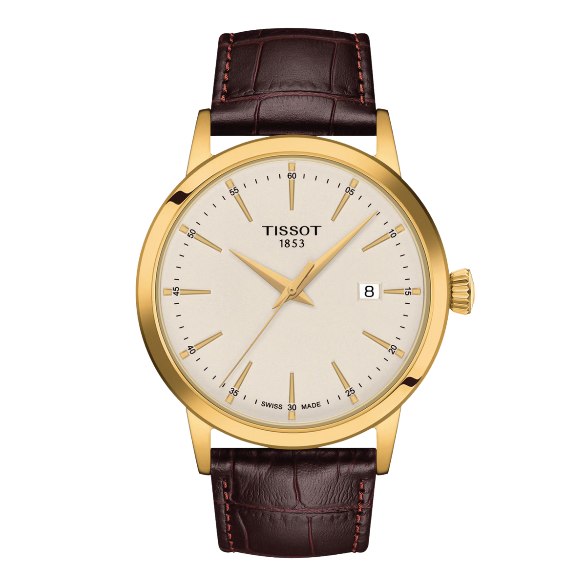 Tissot Classic Dream 42mm, featuring a gold PVD-coated stainless steel case, ivory dial, sapphire crystal and Swiss quartz movement.