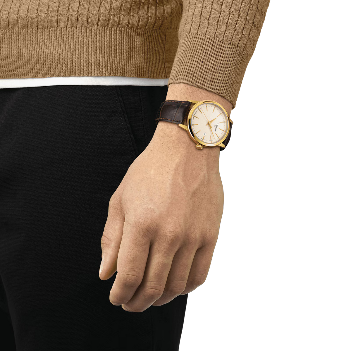 Tissot Classic Dream 42mm Ivory Dial Watch on a models wrist