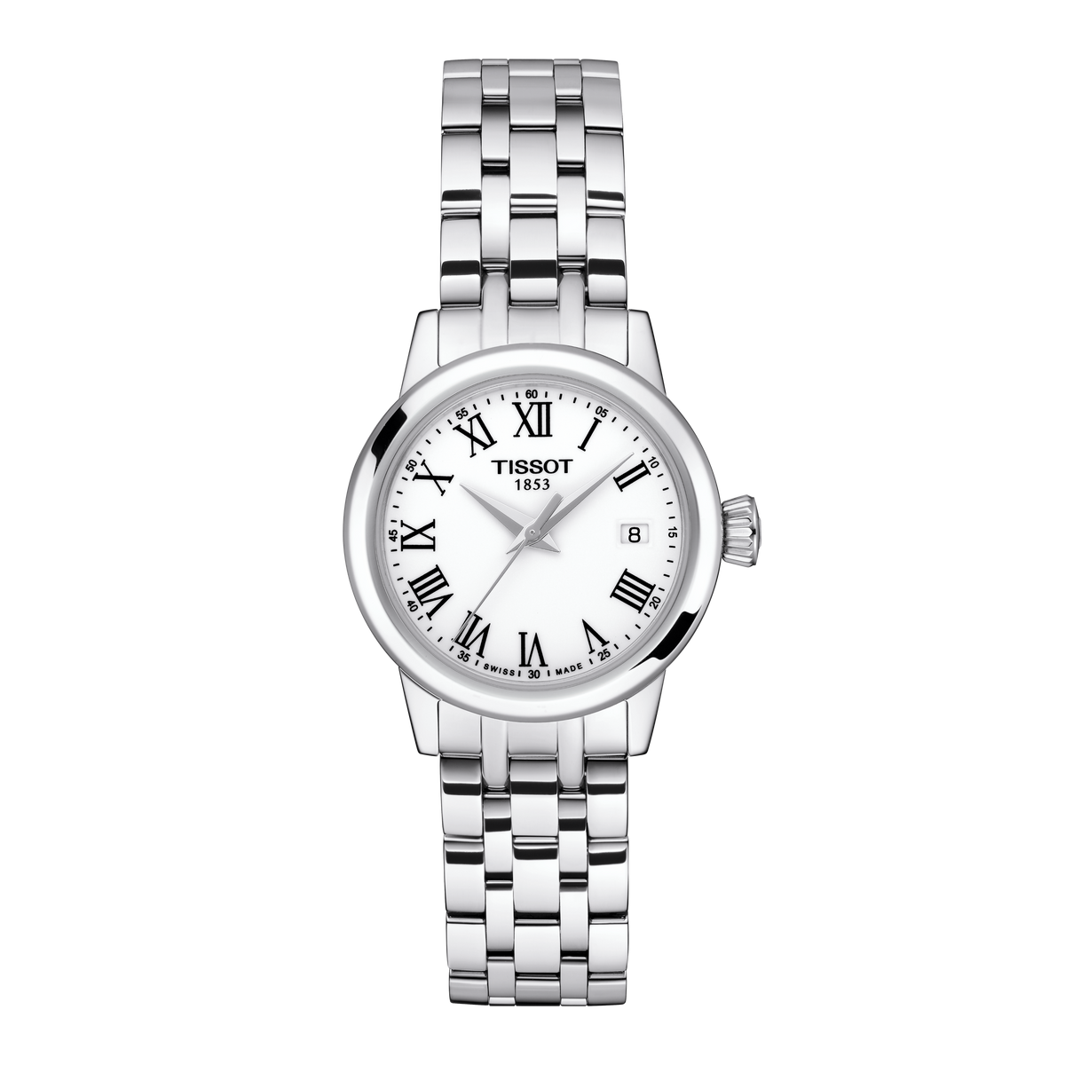 Tissot ladies’ stainless steel watch with a crisp white dial, bold black Roman numerals, and a date window at 3 o’clock, finished with a polished multi-link bracelet for a classic, timeless look