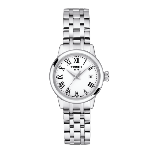 Tissot ladies’ stainless steel watch with a crisp white dial, bold black Roman numerals, and a date window at 3 o’clock, finished with a polished multi-link bracelet for a classic, timeless look