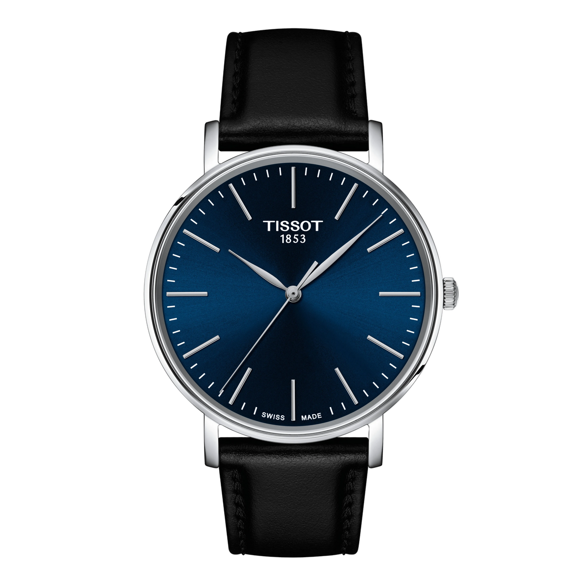 Tissot Blue Dial Watch with a deep sunray blue display, ultra-clean minimalist markers, and a smooth black leather strap for a refined modern dress-watch aesthetic
