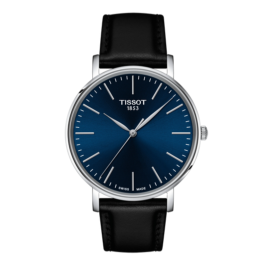 Tissot Blue Dial Watch with a deep sunray blue display, ultra-clean minimalist markers, and a smooth black leather strap for a refined modern dress-watch aesthetic