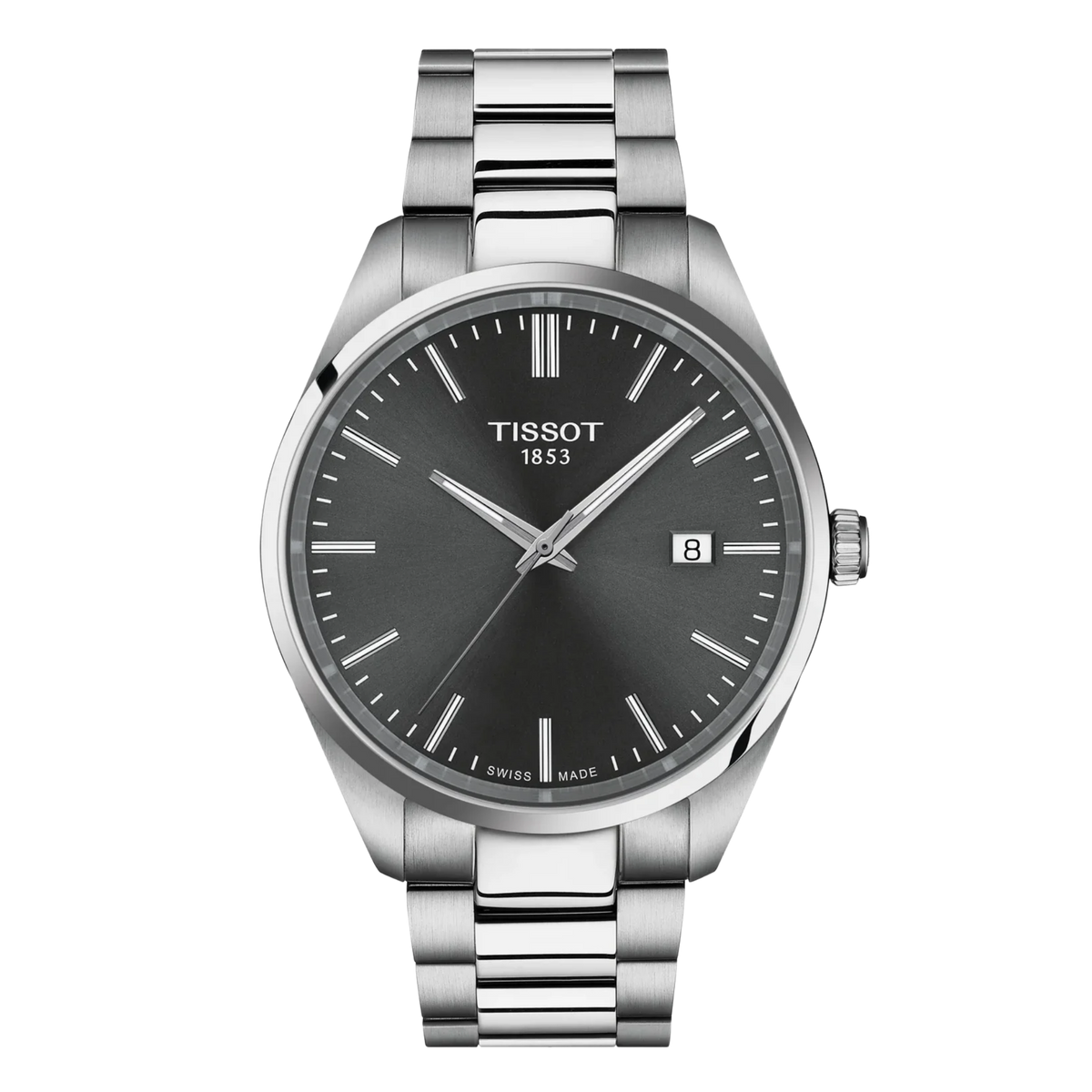 Tissot PR 100 40mm with grey dial and stainless steel bracelet.