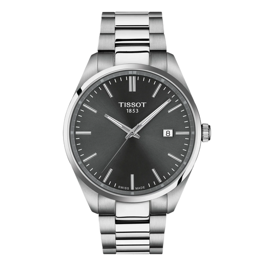 Tissot PR 100 40mm with grey dial and stainless steel bracelet.