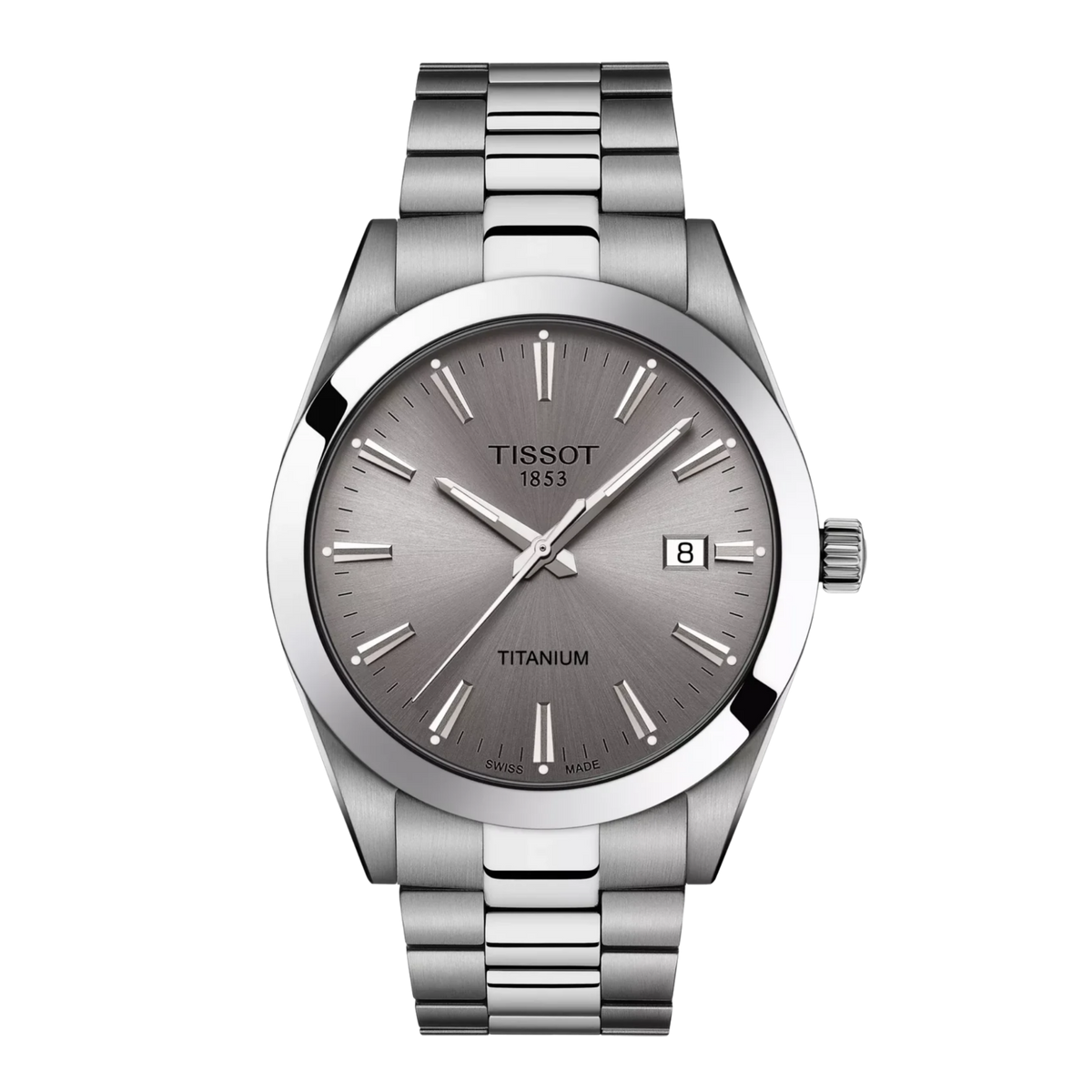 Tissot Gentleman 40mm titanium watch with grey dial and matching bracelet.
