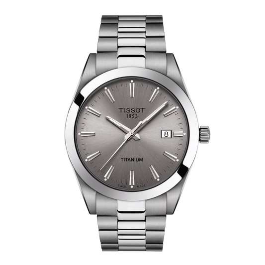 Tissot Gentleman 40mm titanium watch with grey dial and matching bracelet.