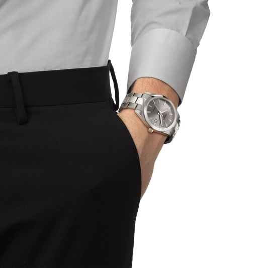 Swiss quartz Tissot Gentleman in lightweight titanium with a grey dial.