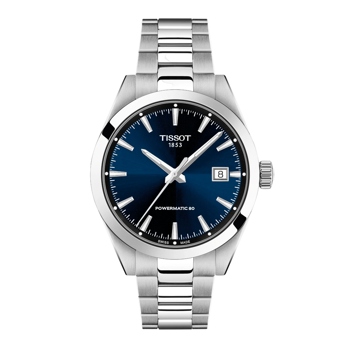 Tissot Powermatic 80 watch with a deep blue sunray dial, polished silver-tone hands and indexes, and a brushed stainless steel bracelet delivering a refined everyday sports-luxury look
