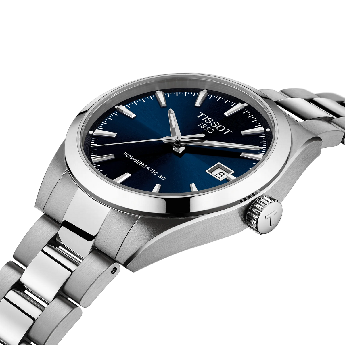 angled front-side image of the watch on the bracelet, emphasising the sunburst blue dial effect, polished hour markers, and the contrast between brushed and polished steel surfaces from a dynamic perspective