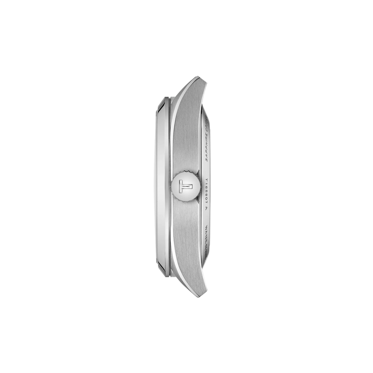 side profile of the stainless steel case highlighting the polished bezel edges, brushed finishing, and streamlined silhouette that gives the watch a clean modern appearance