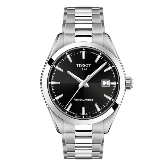 Tissot Gentleman 38mm automatic watch with black dial and stainless steel bracelet.