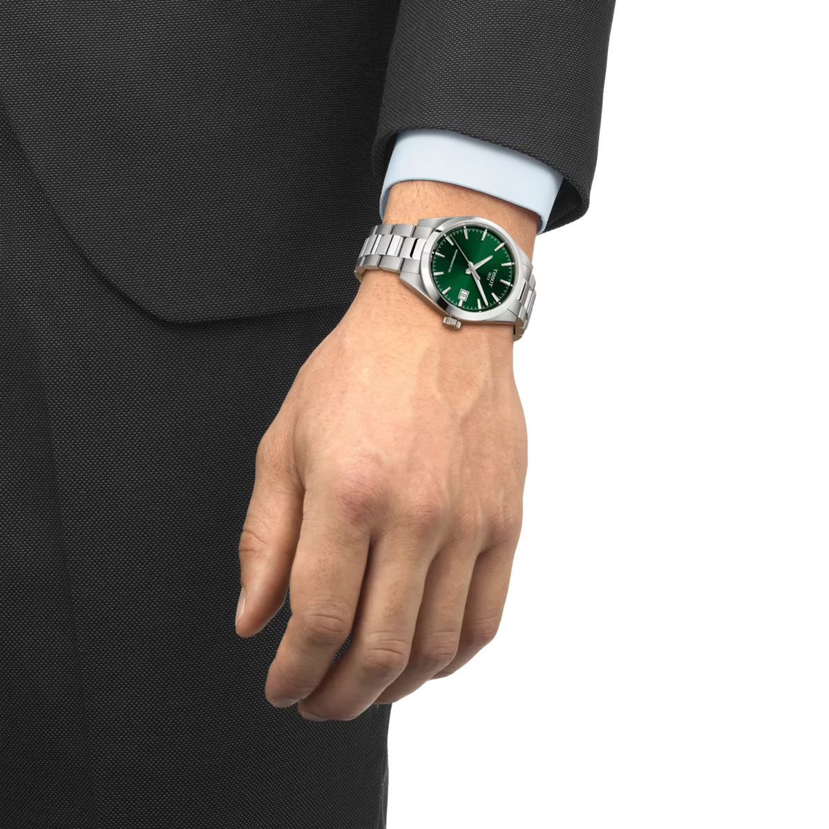 Tissot Gentleman Automatic 38mm Green Dial Watch on a models wrist