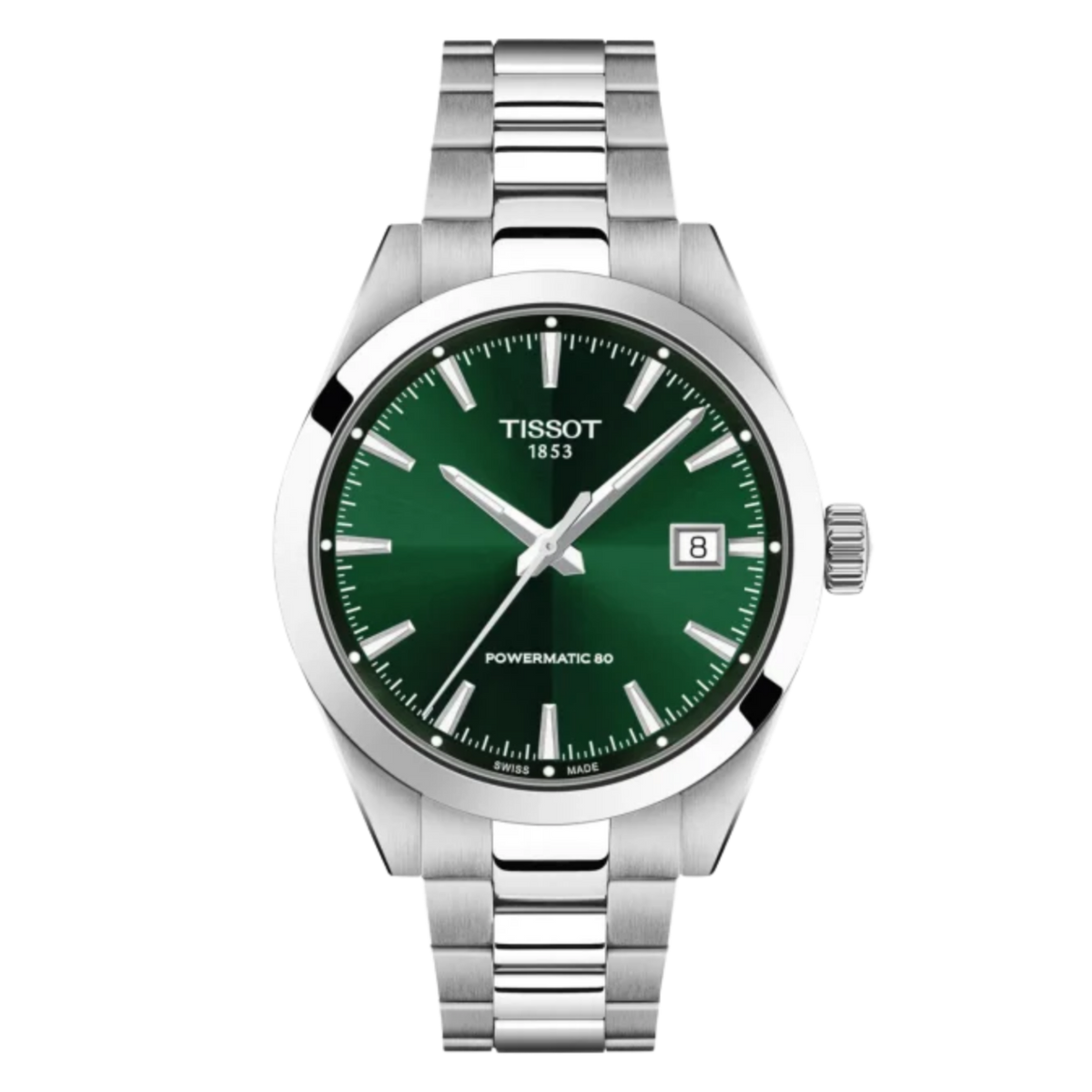 Front dial view of Tissot Gentleman Automatic 38mm Green Dial Watch