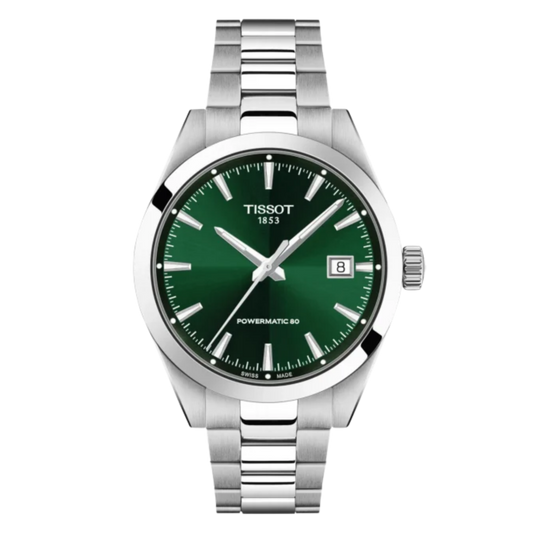 Front dial view of Tissot Gentleman Automatic 38mm Green Dial Watch