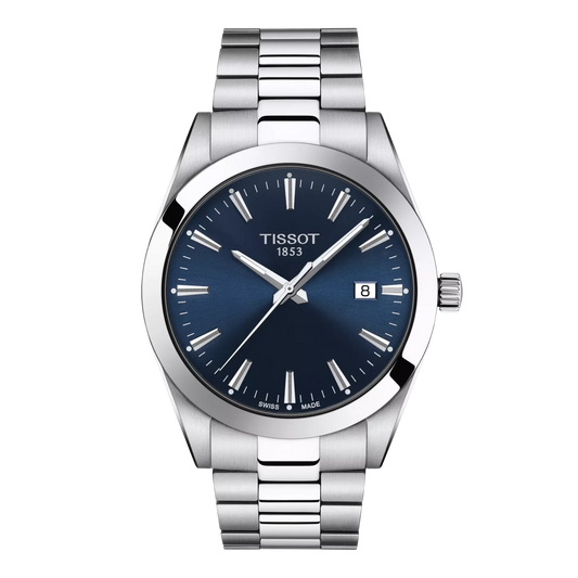 Tissot Gentleman quartz watch with blue dial and stainless steel bracelet.