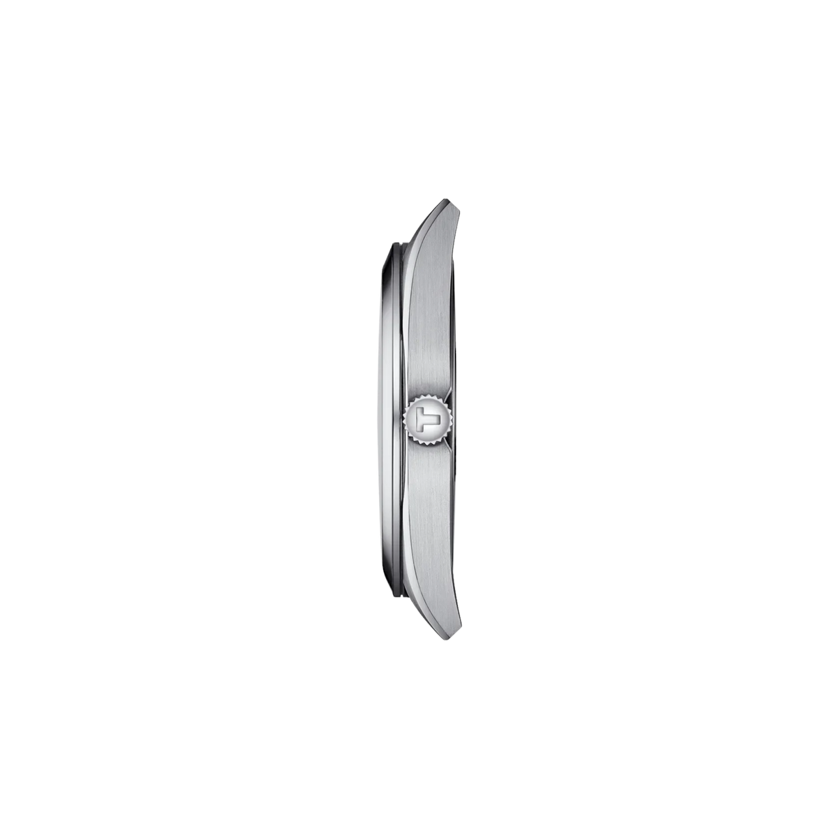 Angled view of the Tissot Gentleman stainless steel watch.