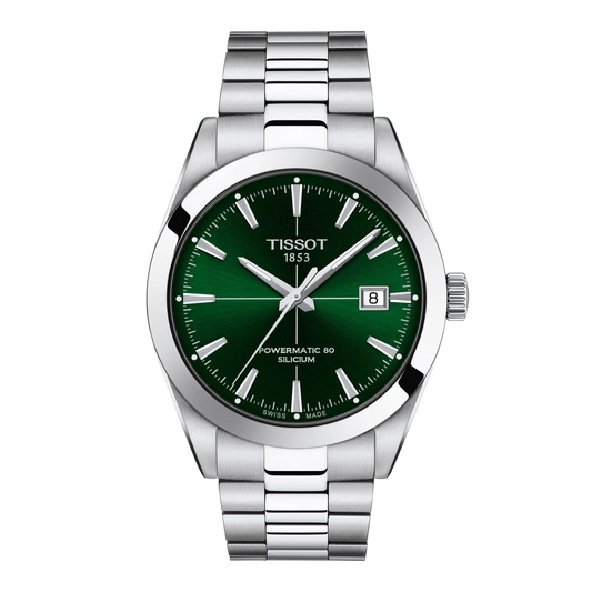 Tissot Powermatic 80 Silicium Green Dial Watch with a rich emerald sunray finish, sharp silver-tone markers, and a brushed stainless steel bracelet that delivers a bold modern sports-luxury aesthetic