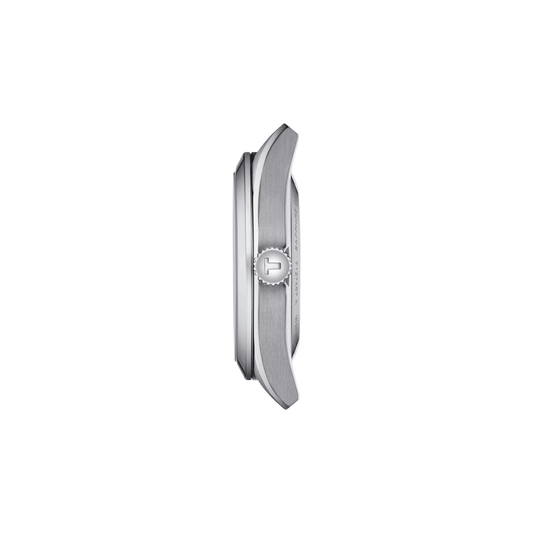 side profile of the stainless steel case highlighting the brushed finishing, polished bezel accents, and streamlined crown design that reinforce the watch’s refined sporty profile