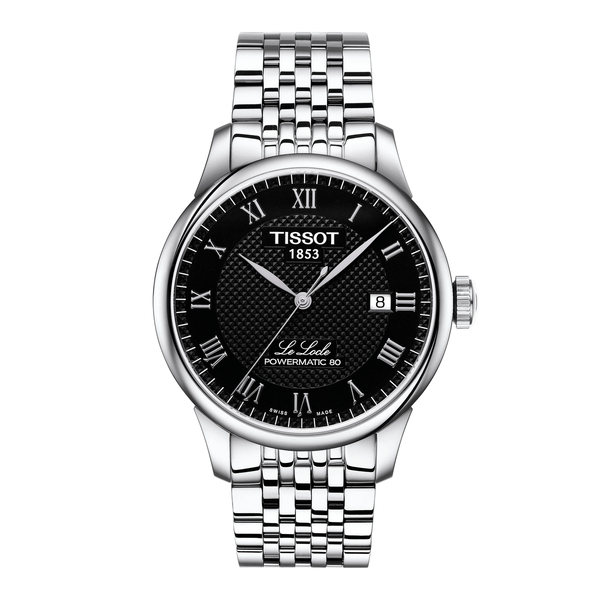 Tissot Le Locle Powermatic 80 watch with a refined black textured dial, polished Roman numerals, and a stainless steel bracelet that delivers timeless dress-watch elegance