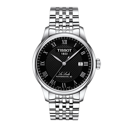 Tissot Le Locle Powermatic 80 watch with a refined black textured dial, polished Roman numerals, and a stainless steel bracelet that delivers timeless dress-watch elegance