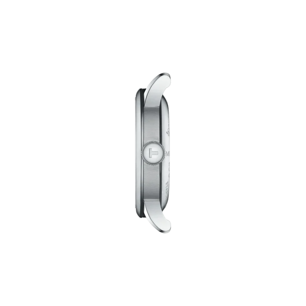side profile of the stainless steel case highlighting the slim automatic construction, polished bezel edges, and detailed crown design that enhance the refined silhouette