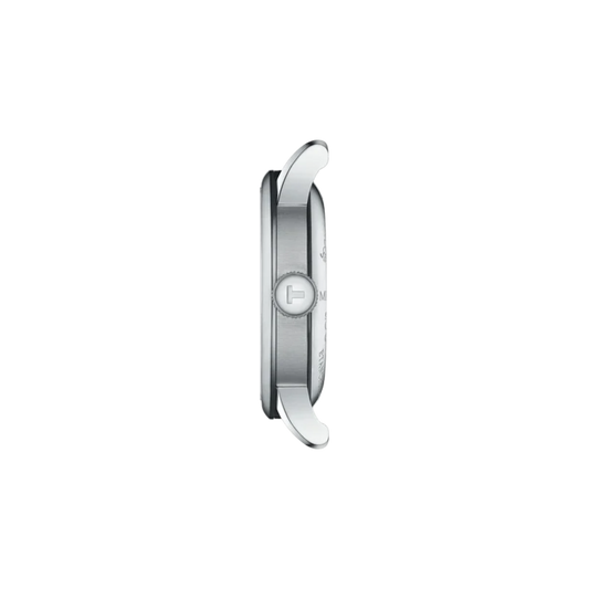 side profile of the stainless steel case highlighting the slim automatic construction, polished bezel edges, and detailed crown design that enhance the refined silhouette