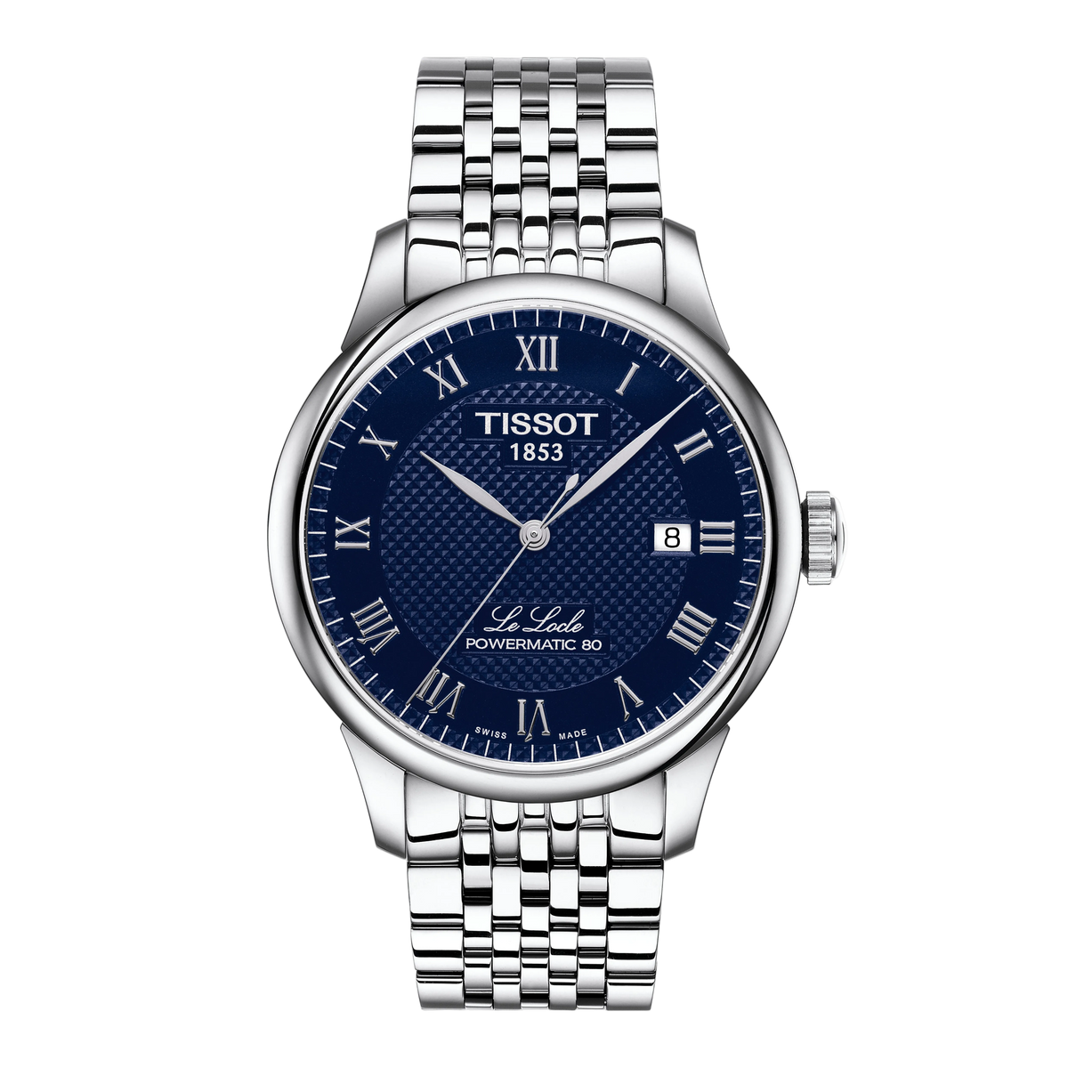 Tissot Le Locle Powermatic 80 Blue Dial Watch with an intricate textured dial, polished Roman numerals, and a stainless steel bracelet that combines classic styling with modern refinement