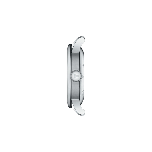 side profile of the stainless steel case showcasing the refined automatic case thickness, polished bezel detailing, and the signature crown design for a sophisticated finish