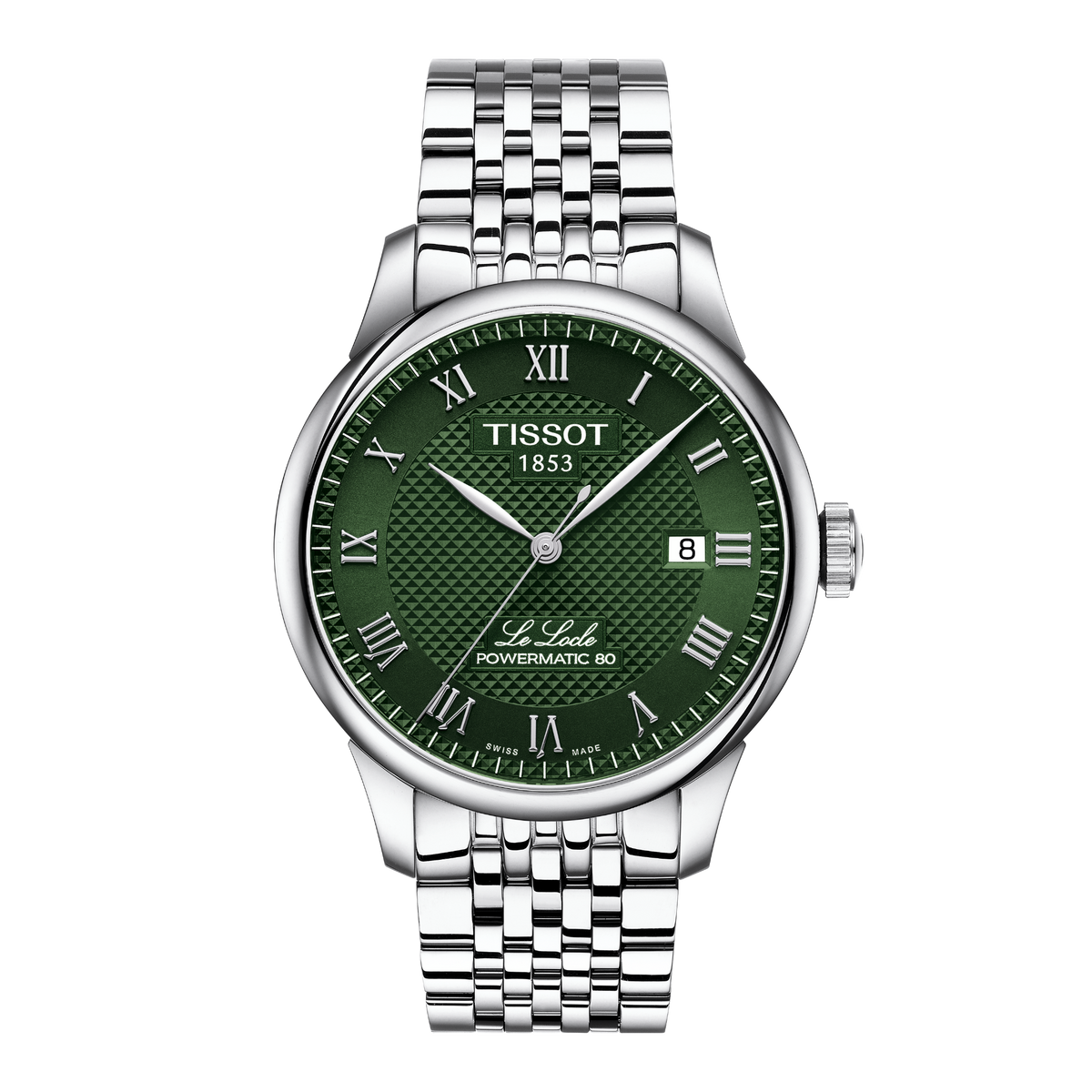 Tissot Le Locle Powermatic 80 green dial watch featuring a richly textured guilloché-style green dial, elegant Roman numeral hour markers, and a polished stainless steel case, paired with a refined multi-link steel bracelet