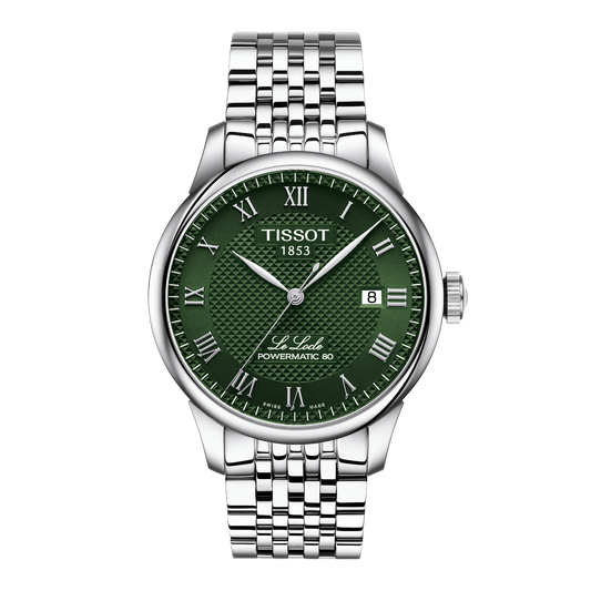 Tissot Le Locle Powermatic 80 green dial watch featuring a richly textured guilloché-style green dial, elegant Roman numeral hour markers, and a polished stainless steel case, paired with a refined multi-link steel bracelet