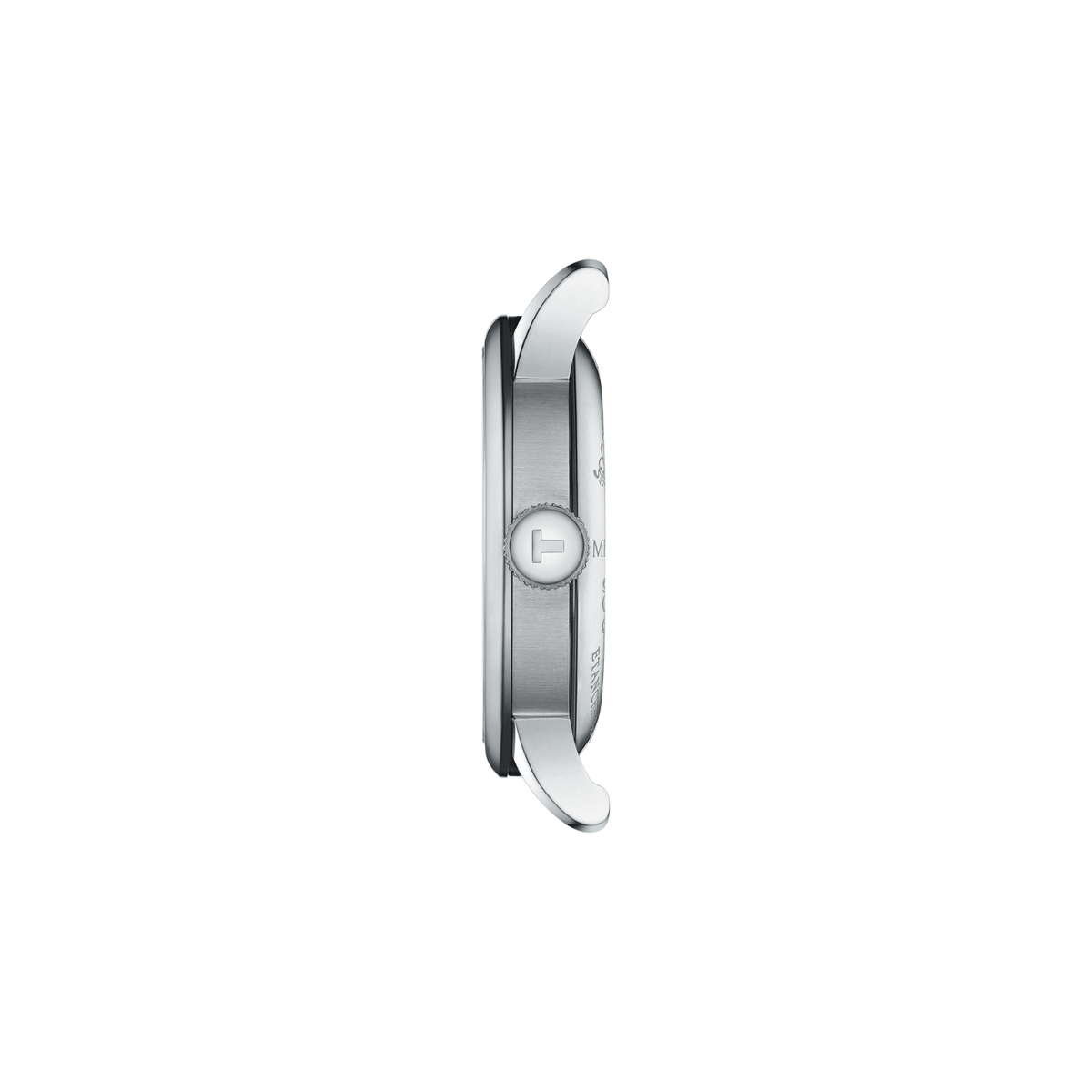 side profile of the case highlighting the polished finish, gently curved lugs, and traditional crown design for a timeless, elegant silhouette