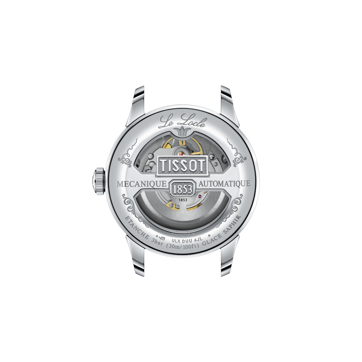 view of the caseback revealing the exhibition-style design, offering a look into the automatic Powermatic 80 movement and its mechanical detail