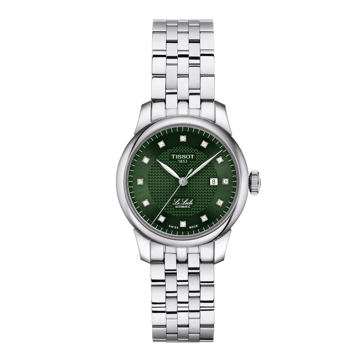 Tissot Le Locle Automatic green dial watch featuring a richly textured guilloché-style green dial, diamond-set hour markers, and a polished stainless steel case, finished with an elegant multi-link steel bracelet