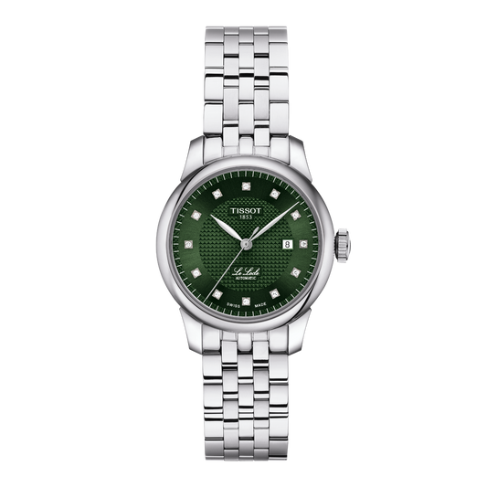 Tissot Le Locle Automatic green dial watch featuring a richly textured guilloché-style green dial, diamond-set hour markers, and a polished stainless steel case, finished with an elegant multi-link steel bracelet