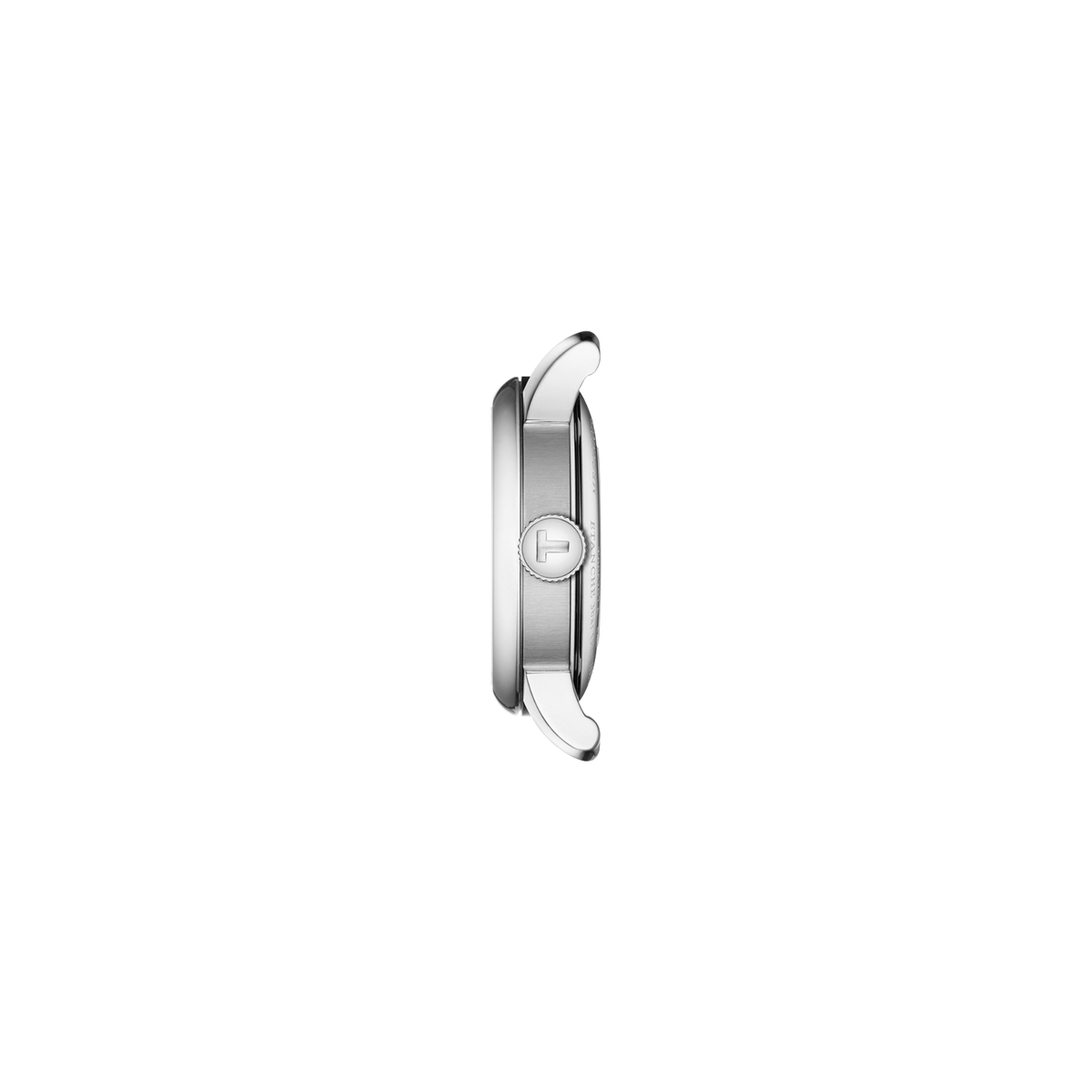 side profile of the case showcasing the smooth polished finish, gently curved lugs, and classic crown design for a timeless silhouette