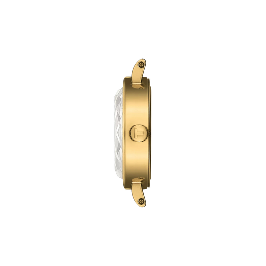 Tissot Lovely Round combining a delicate 19.5mm stainless steel case with yellow gold PVD coating, a green sunray dial and matching leather strap.