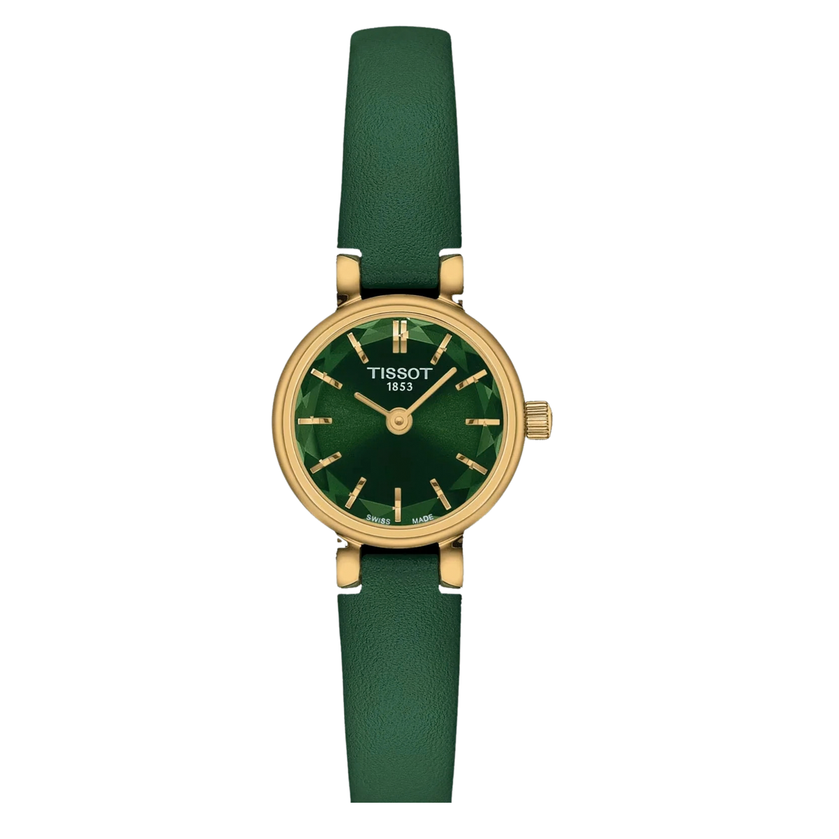 Tissot Lovely Round 19.5mm, featuring a gold PVD-coated steel case, green sunray dial, faceted sapphire crystal and Swiss quartz movement.