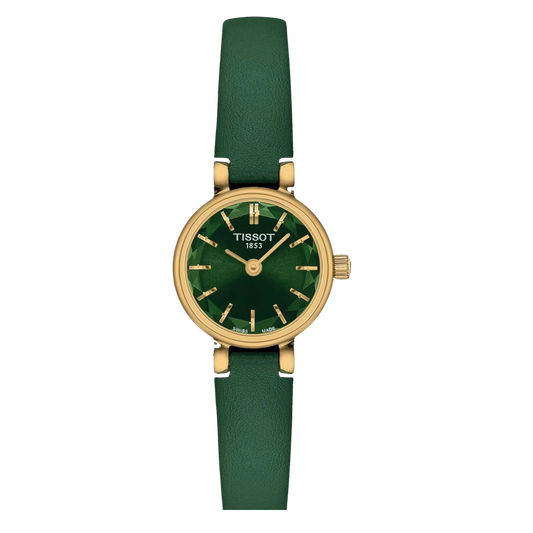 Tissot Lovely Round 19.5mm, featuring a gold PVD-coated steel case, green sunray dial, faceted sapphire crystal and Swiss quartz movement.