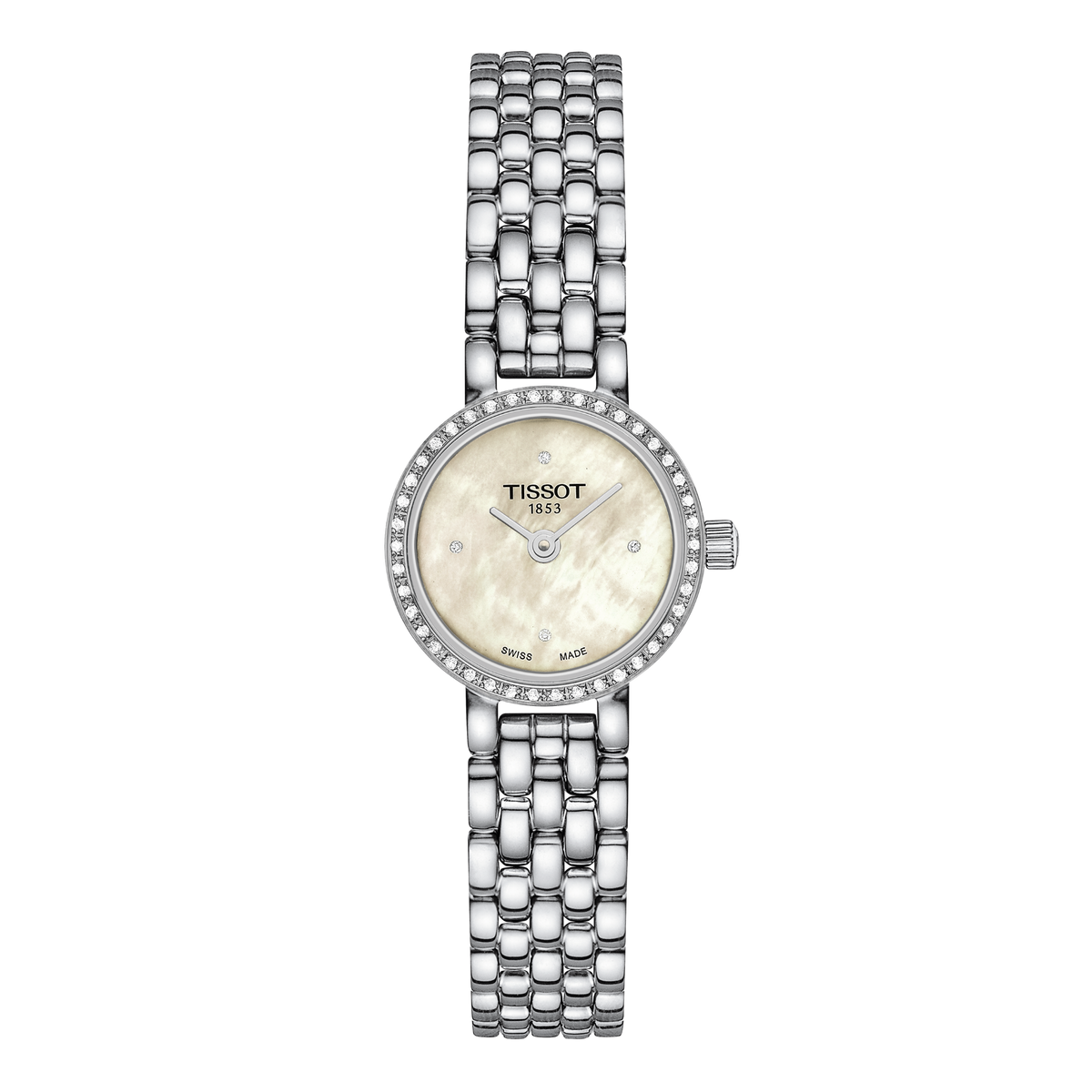 Tissot stainless steel ladies watch featuring a soft mother-of-pearl dial, minimalist diamond hour markers, and a slim case framed by a sparkling diamond-set bezel, paired with an elegant multi-link steel bracelet